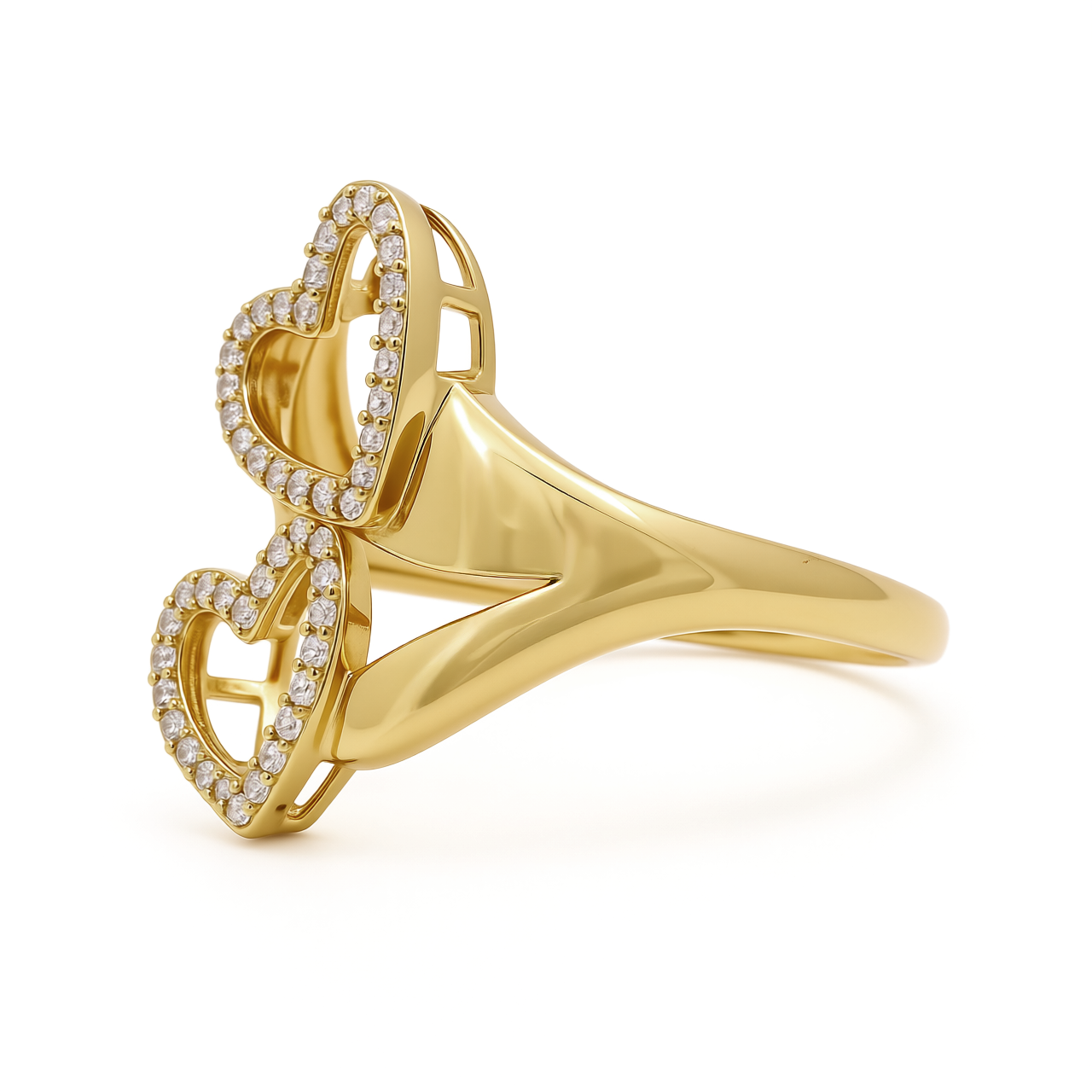 14K Yellow Gold Two Fashion Hearts Women's Ring with Cz / Size: 7.5 / Weight: 3 GR / CEEWR4HR-6