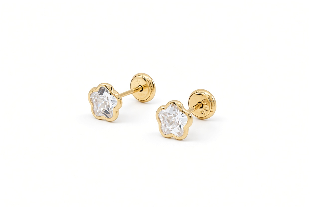 14K Yellow Gold Fashion Flower Stud Earrings with Cz / 6-756901PS