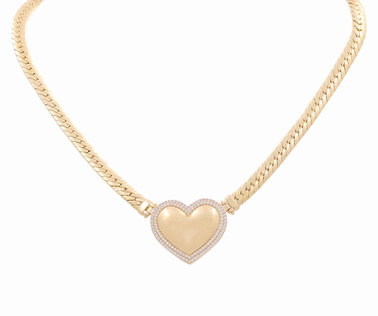 14K Yellow Gold Fashion Cuban Link Women's Necklace with Heart and Cz / Size: 17" / Weight: 20.2 GR / DPNK4CLHR