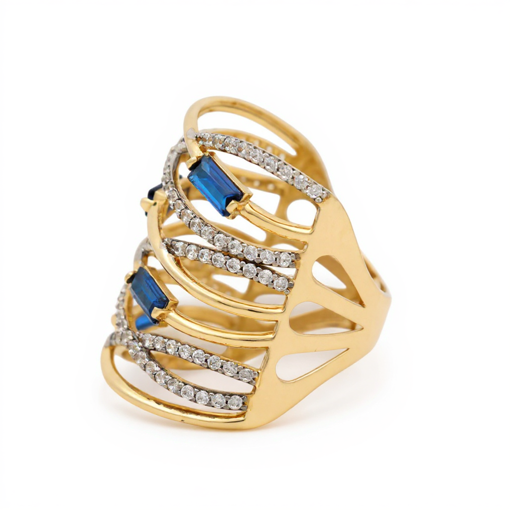 14K Yellow Gold Fashion Women's Ring with Blue Cz / Size 8.5 / Weight: 6.1GR / DOWR4FS-14