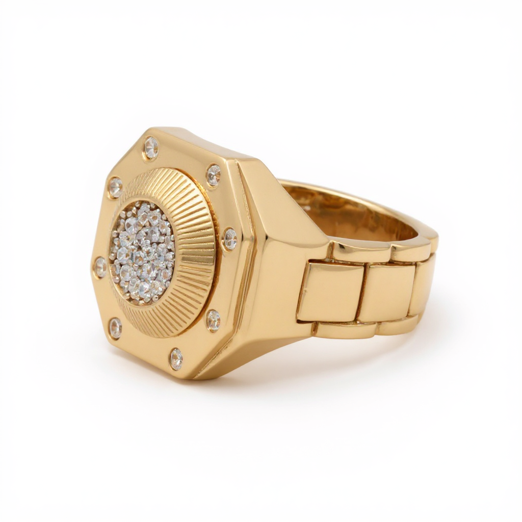 14K Yellow Gold Fashion Men’s Ring with White Stones / Size 11 / Weight: 8.2 GR / DOMR4FS-17