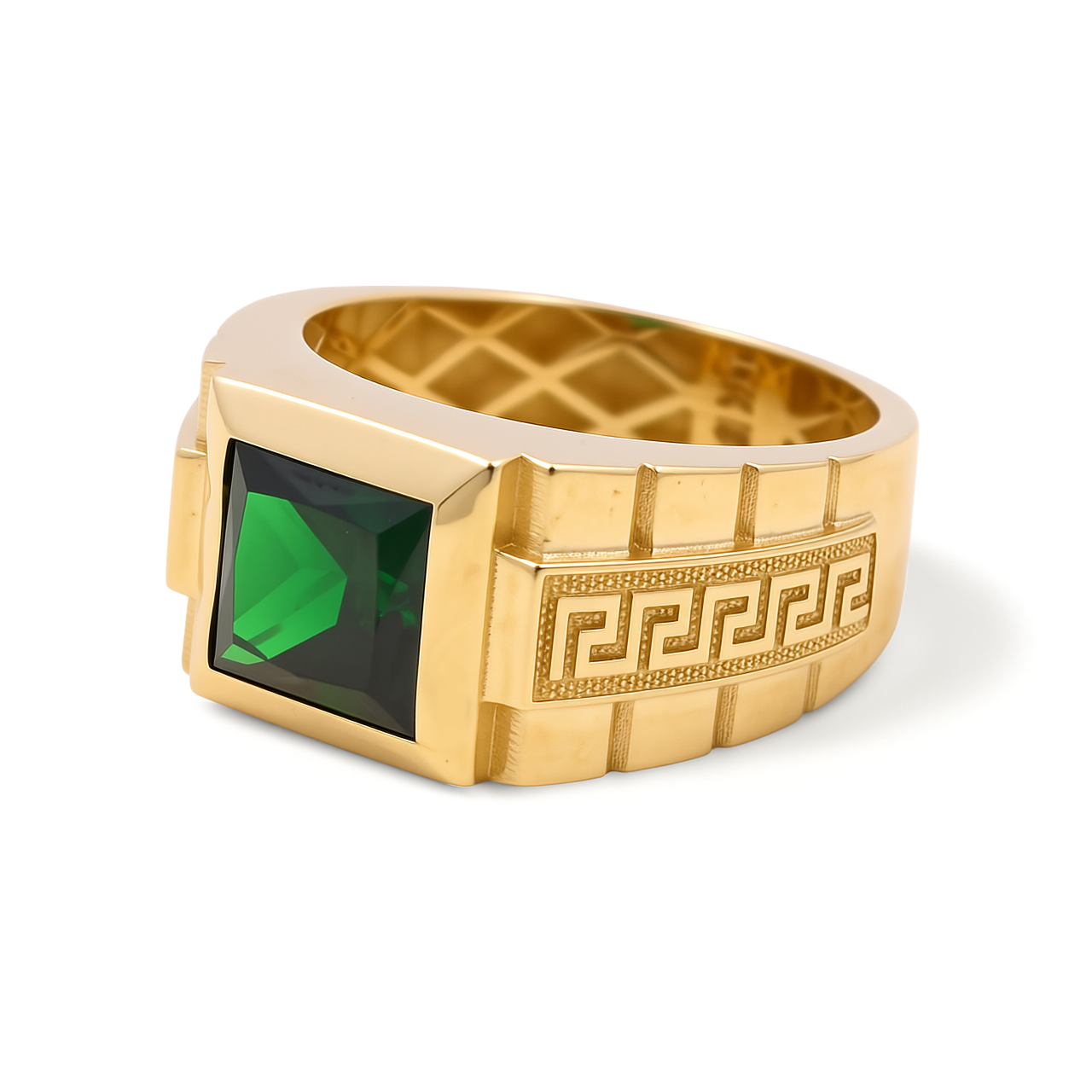 14K Yellow Gold SQ Men's Ring with Greek Design and Green Cz / Size: 10 / Weight: 4.8 GR / BOMR4FS-50