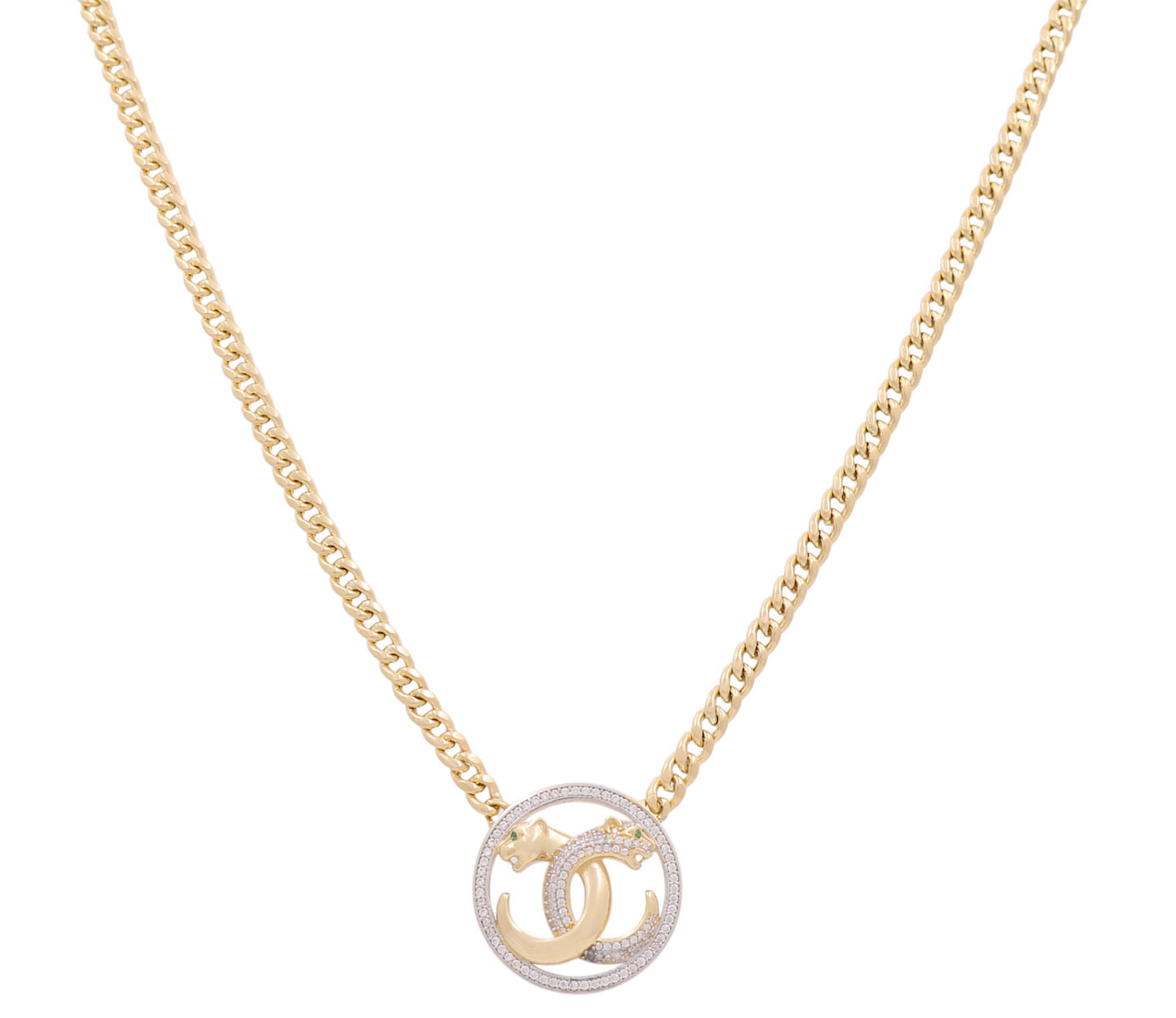 14K Yellow Gold Cuban Link Women's CC Necklace with Panthers and Cz / Size: 18" / Weight: 15.4 GR / DONK4CCPT