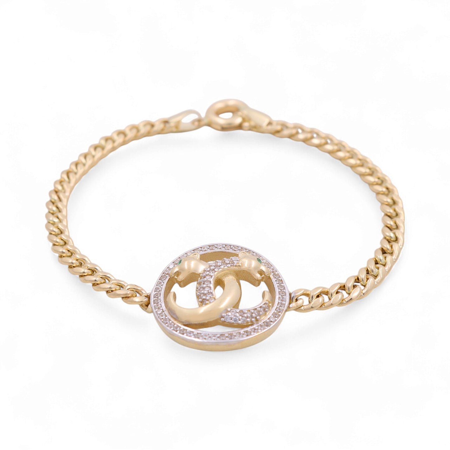 14K Yellow Gold Cuban Link Women's CC Bracelet with Panthers and Cz / Size: 7.5" / Weight: 8.5 GR / DOWB4CCPT