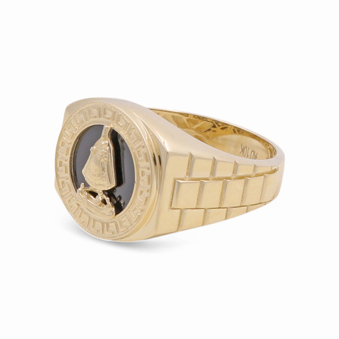 10K Yellow Gold Virgen de la Caridad With Greek Men's Ring / Size: 10.5 / Weight: 6.2 GR / P04FM-519