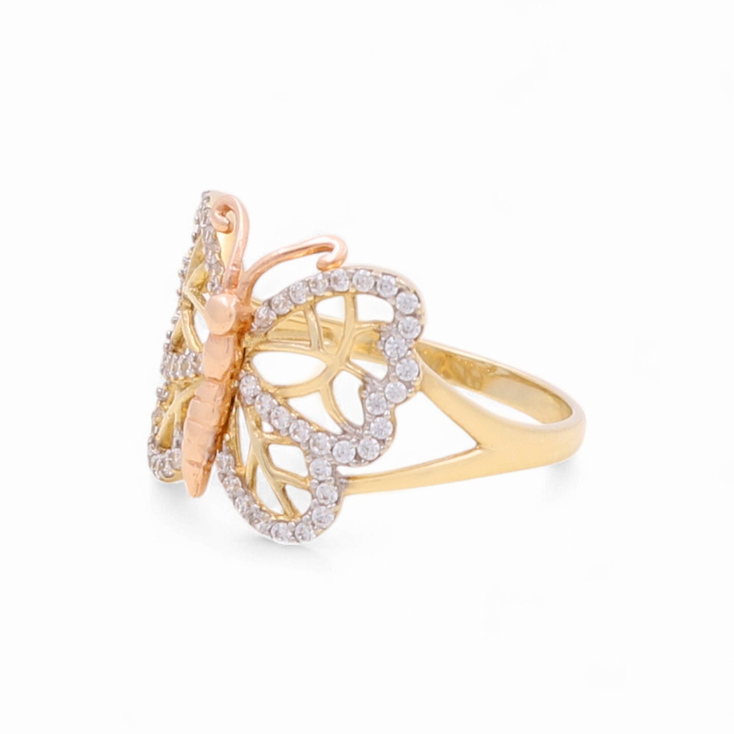 14k Three Tone Butterfly Women's Ring with Cz / Weight 2.3 GR / BOWR3T4BT-1