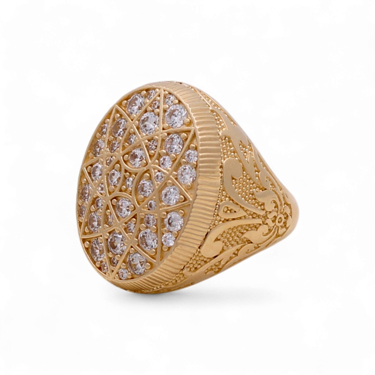 14K Yellow Gold Men’s Ring Oval Rosetta Style with White Stones / Size 11.5 / Weight: 12.3 GR / DQMR4FS-2