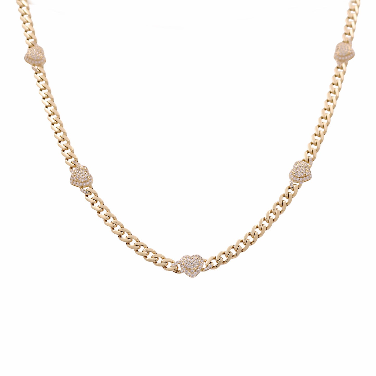 10K Yellow Gold Monaco Women's Necklace with Hearts and White Cz / Size: 17.5” / Weight: 13.9 GR