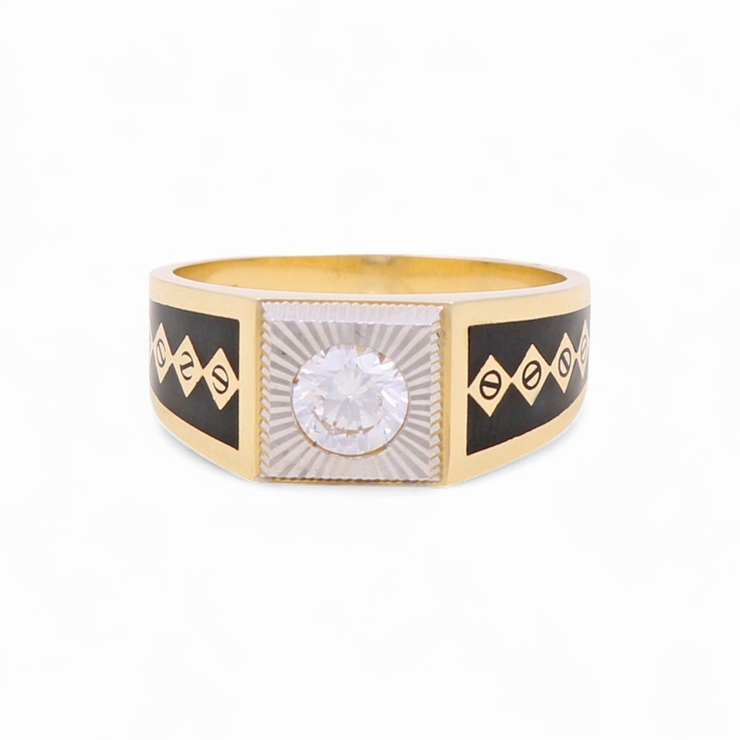 14k Two Tone Square Men's Ring with Black Enamel and Cz / Size 10.5 / Weight 6.5 GR / COMR4SQTTBECZ-1