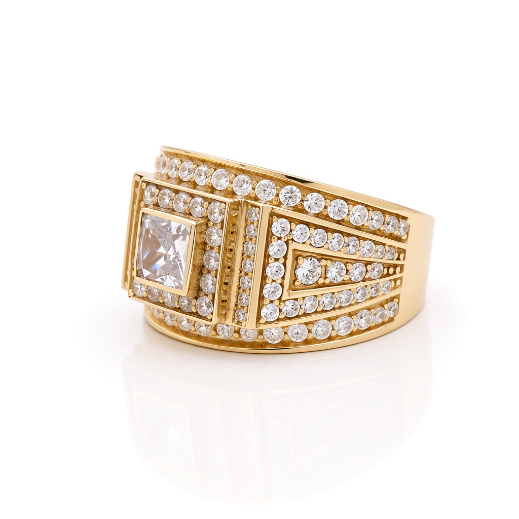14K Yellow Gold Square Men's Ring with Cz / Size: 10.5 / Weight: 13.1 GR / BOMR4FS-18