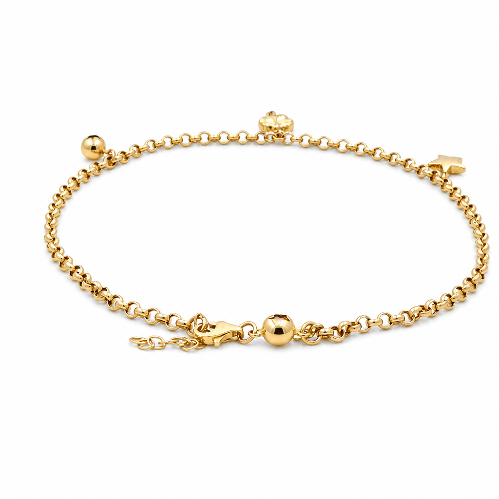 14k Yellow Gold Rolo Link Women's Anklet Bracelet with Charms and Cz / Size: 10.5" / Weight: 4 GR / CCFAB4FS-4