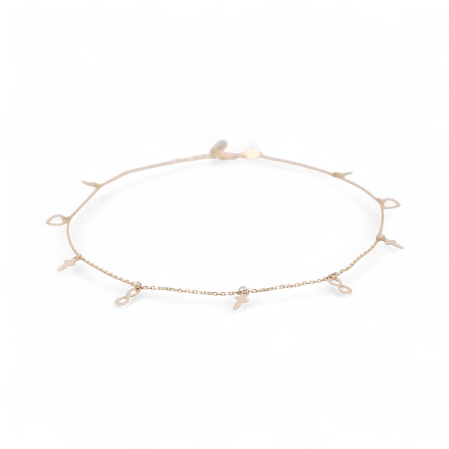 10K Yellow Gold Cable Link Women's Anklet Bracelet with Hanging Cross and Hearts / Size: 10.5" / Weight: 1.5 GR / CQAB0CSHR