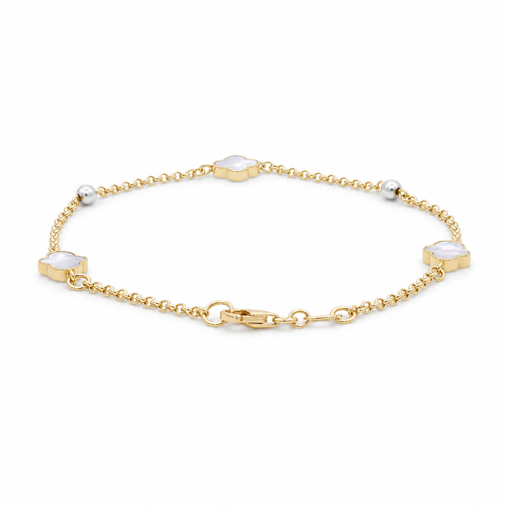 14K Yellow and White Gold Women's Bracelet Fatima Hand With Mother of Pearl / Size: 7.75" / Weight: 2.8 GR/ 000-09501