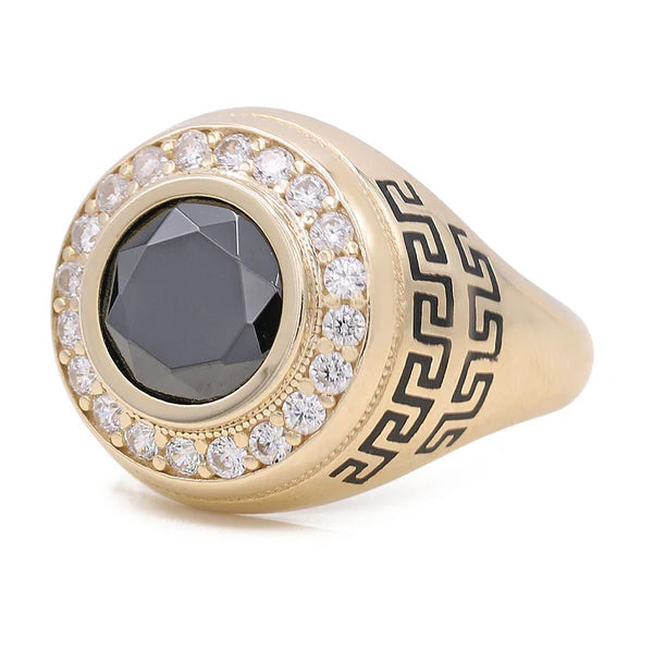 14k Round Men's Ring with Black Enamel Greek and Red Cz / Size 11 / Weight 9.5 GR / BOMR4FS-7