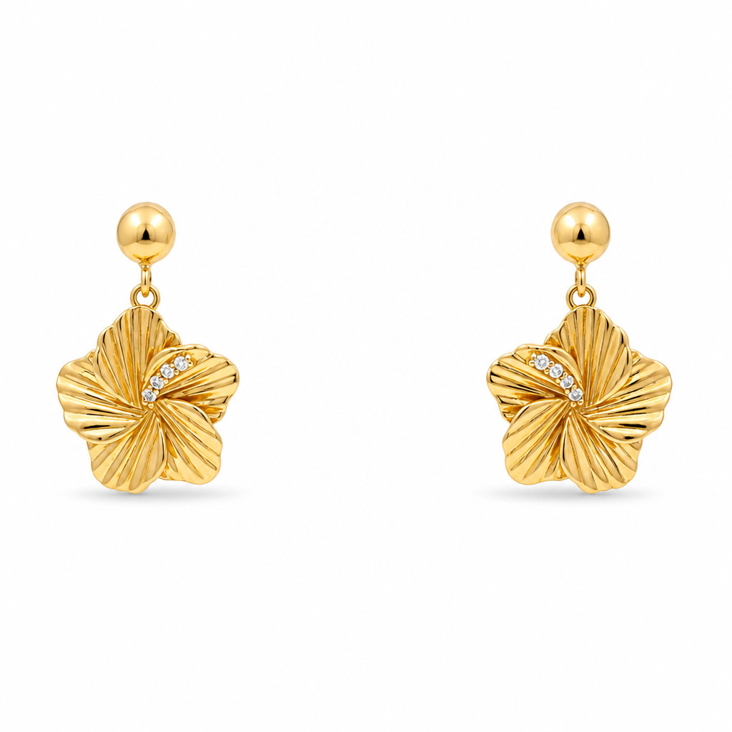 14K Yellow Gold Flower Stud Earrings with White Stone / Weight: 3.2 GR / DQES4FL