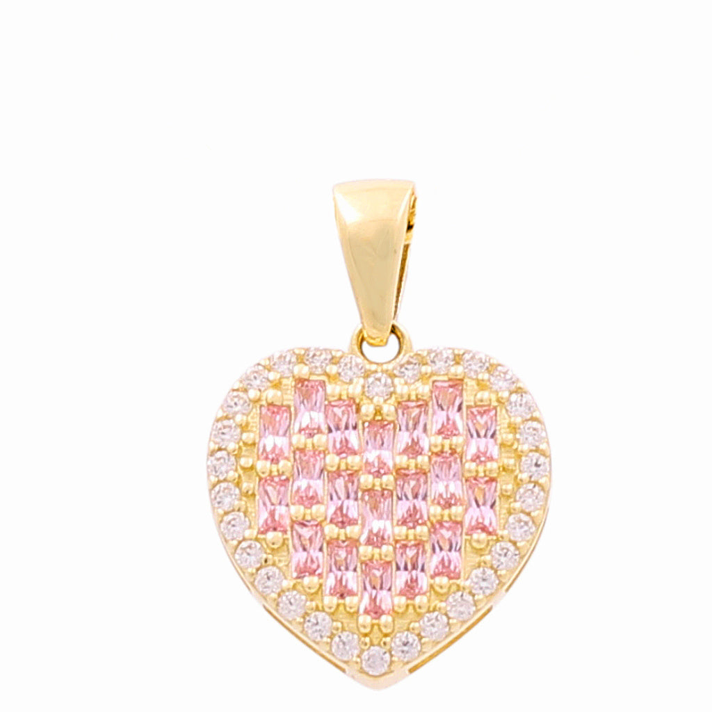 10K Yellow Gold Fashion Heart Baguette Pendant with White and Pink Stones / Weight: 1 GR / CQPD0HR-2