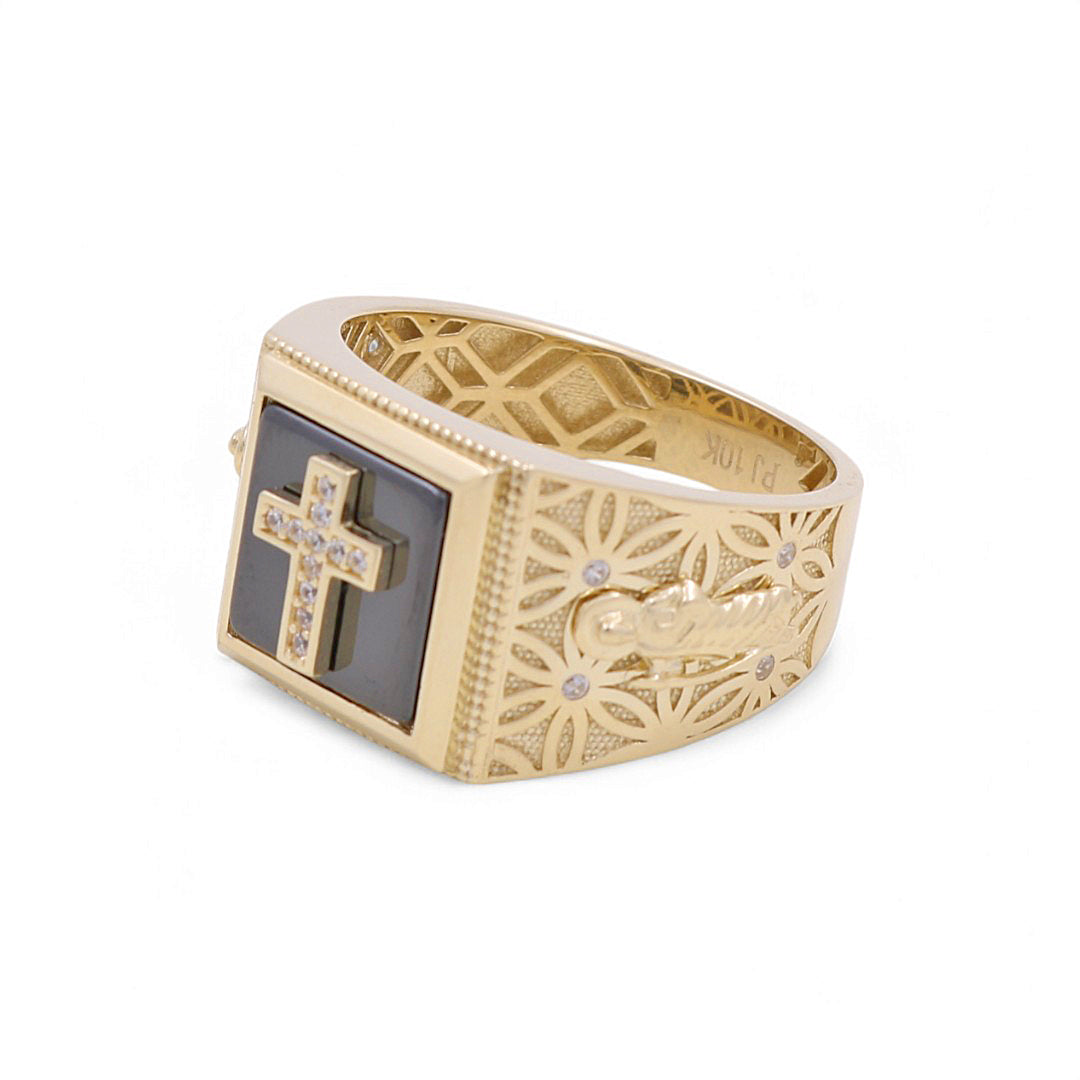 10K Yellow Gold Cross and San Judas Men’s Ring with Onyx Stone / CZ / Size 11 / Weight: 6.9GR / BPMR0CSSJ
