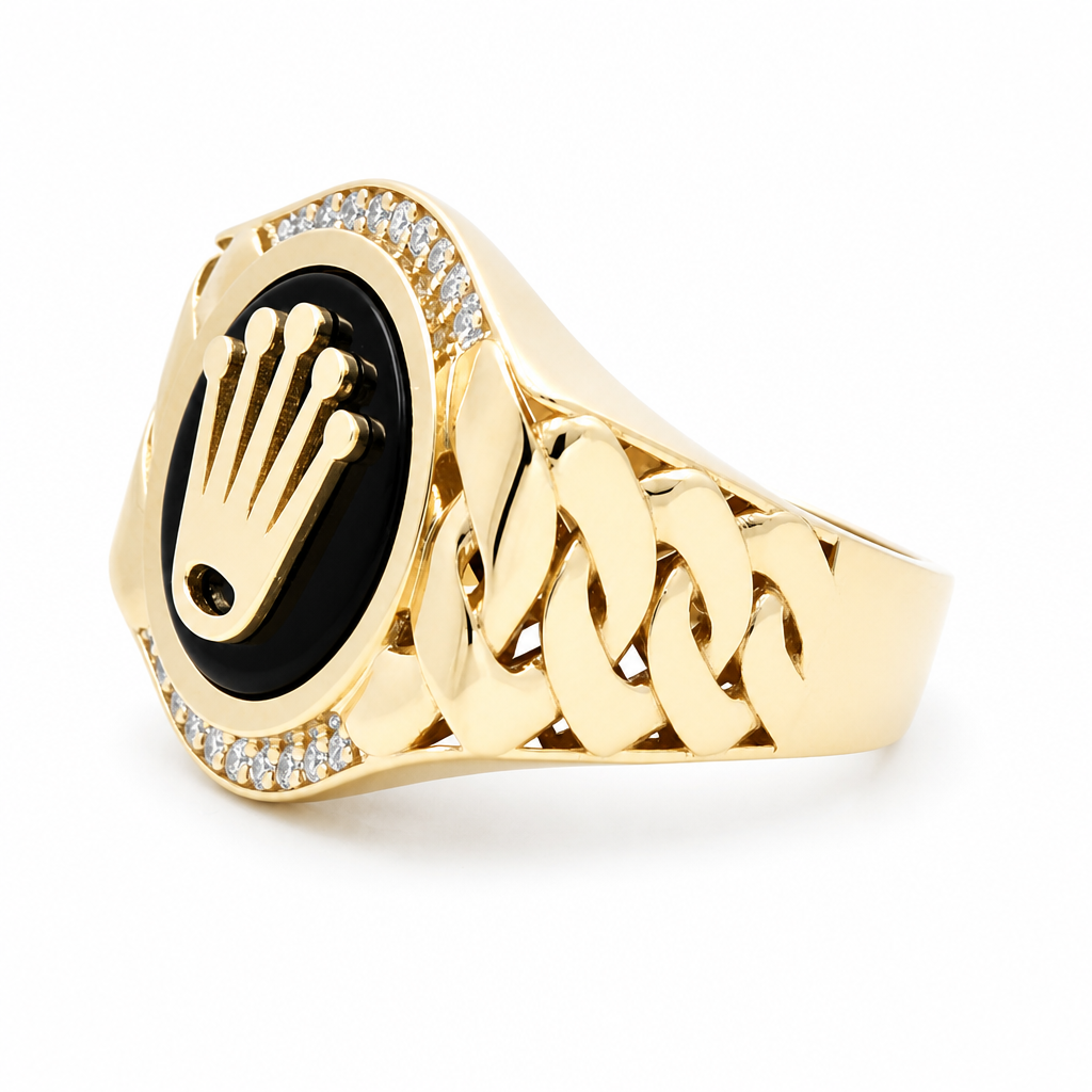14K Yellow Gold RX Men's Ring with Onyx and Cz / Size: 10.5 / Weight: 9.4 GR / DQMR4RX-2