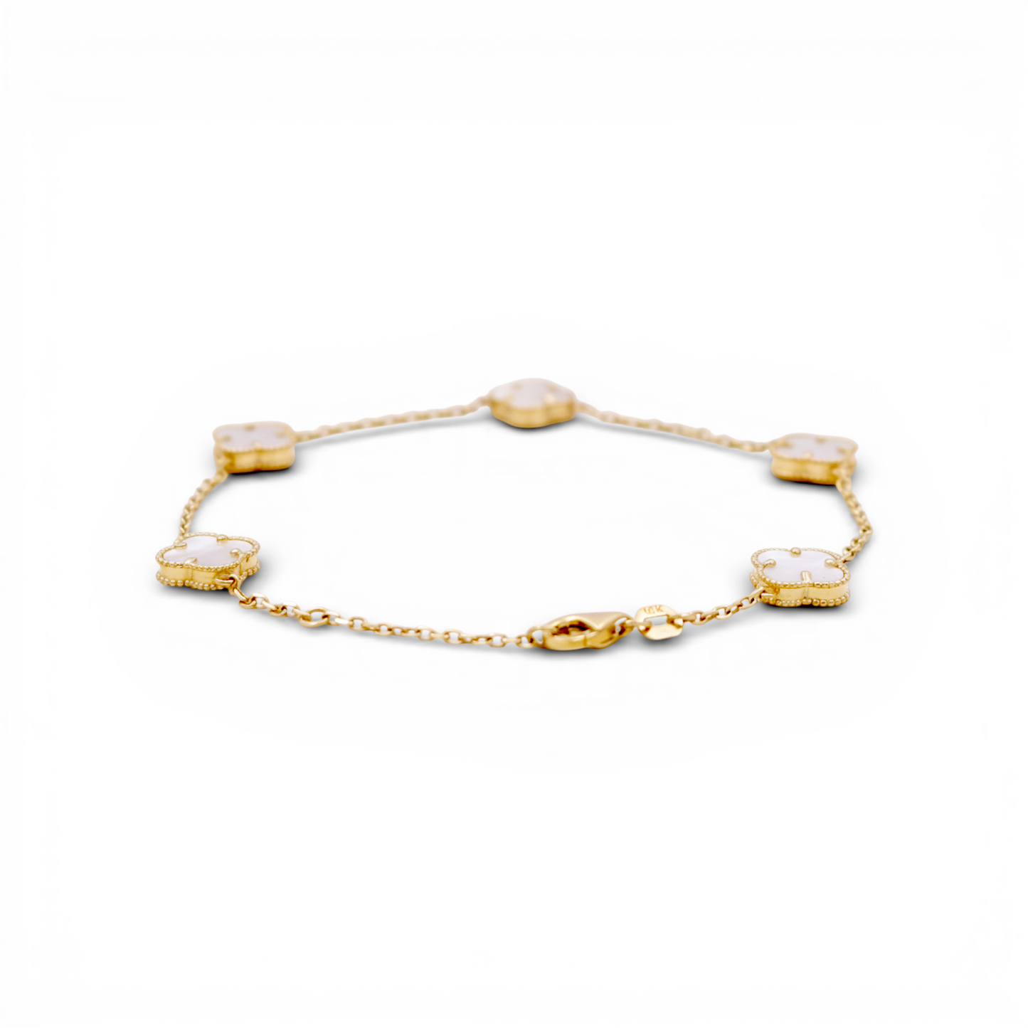 14K Yellow Gold Women's Bracelet with Five Mother of Pearl Clover / Size: 7" 13mm / Weight: 6 GR / DQWB4CLV