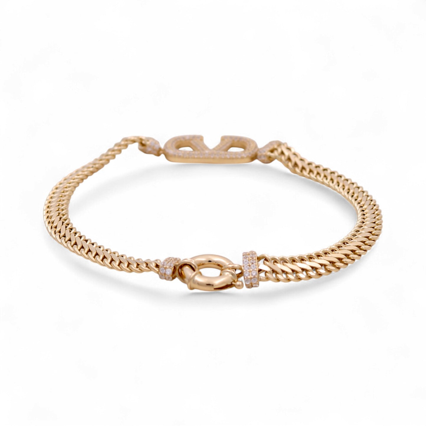 14K Yellow Gold Fashion Link V Women's Bracelet with Cz / Size: 7.5” / Weight: 7.4 GR / DQWB4V