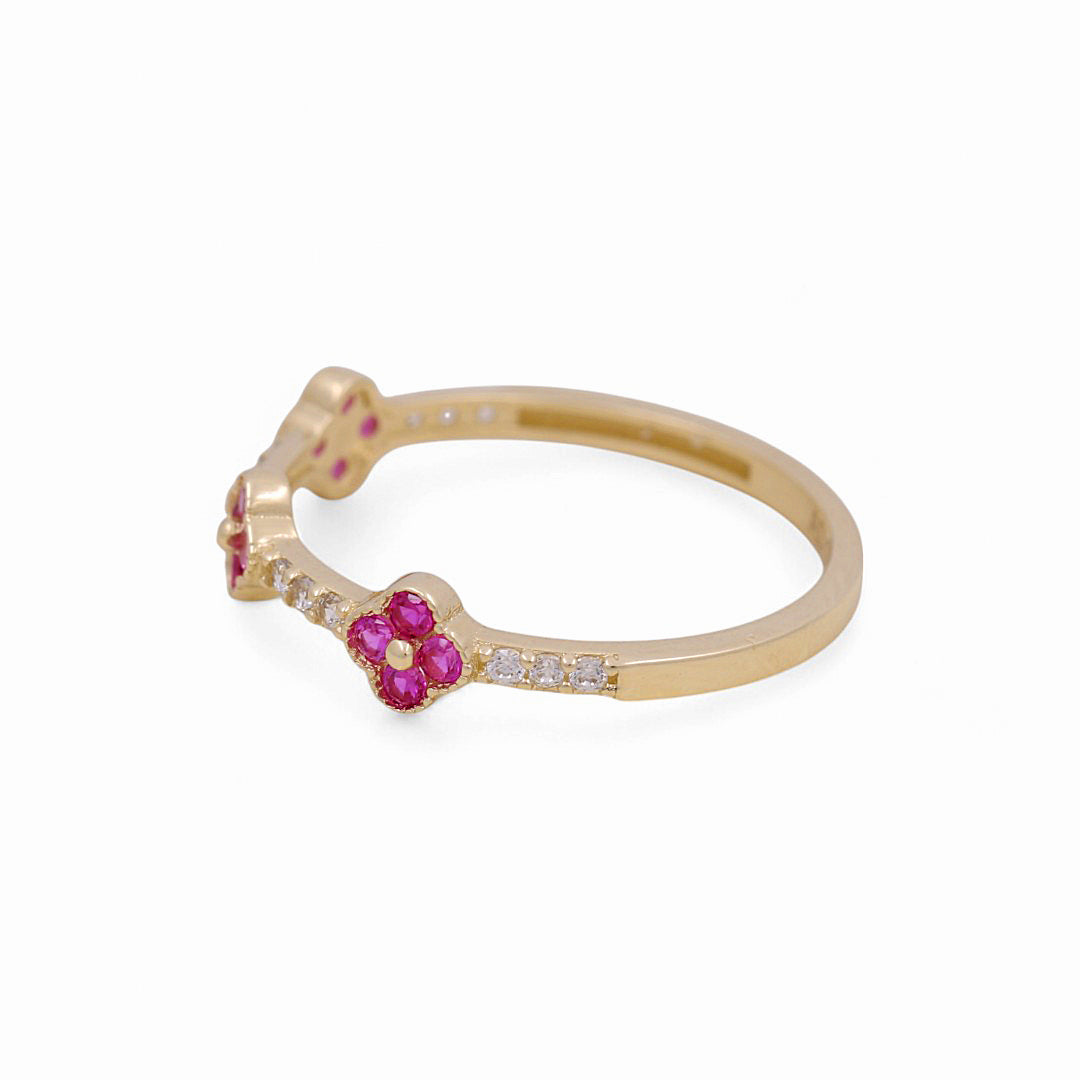 14K Yellow Gold Three Flower Women's Ring with Pink Cz / Size: 8 / Weight: 1.2 GR / Y24-1259