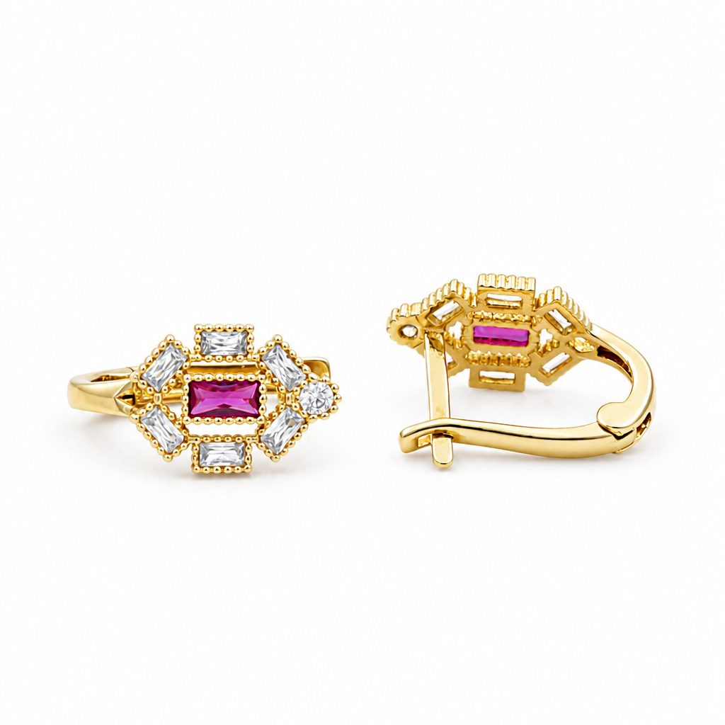 14K Yellow Gold Stud Earrings with White and Pink Cz / Weight 1.1 GR / COES4CZ-3