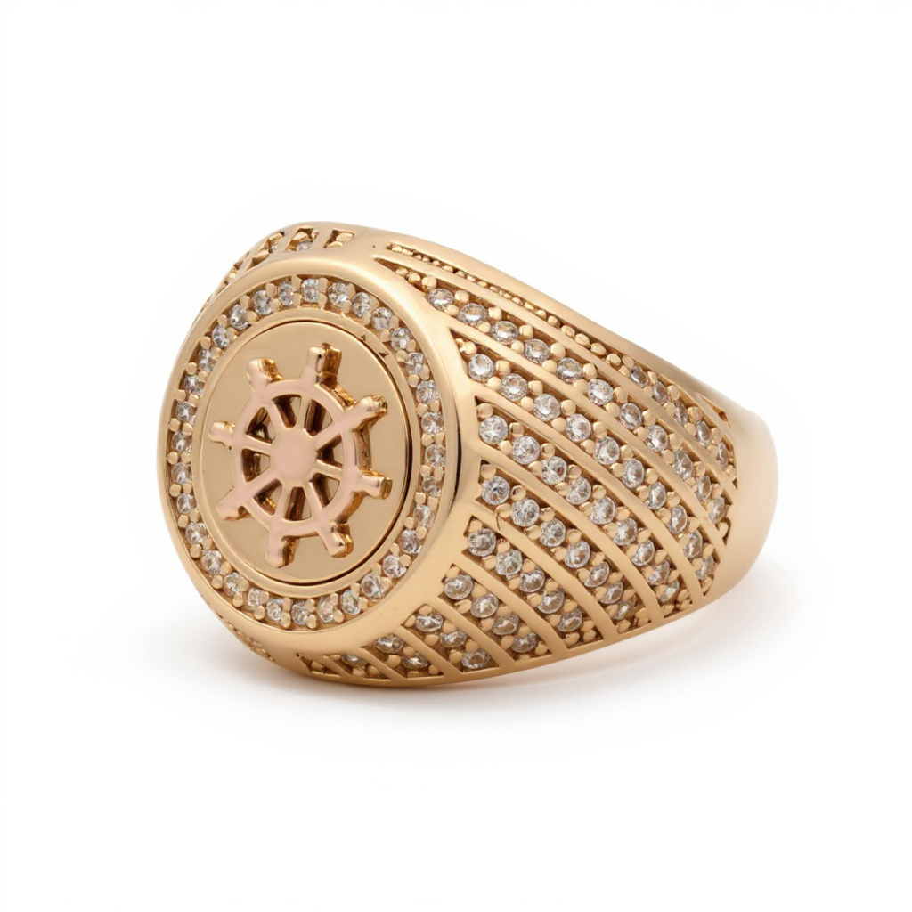 14K Yellow and Rose Gold Ship Rudder Men's Ring with Cz / Size 12 / Weight 8.3 GR / DOMRTT4FS-1