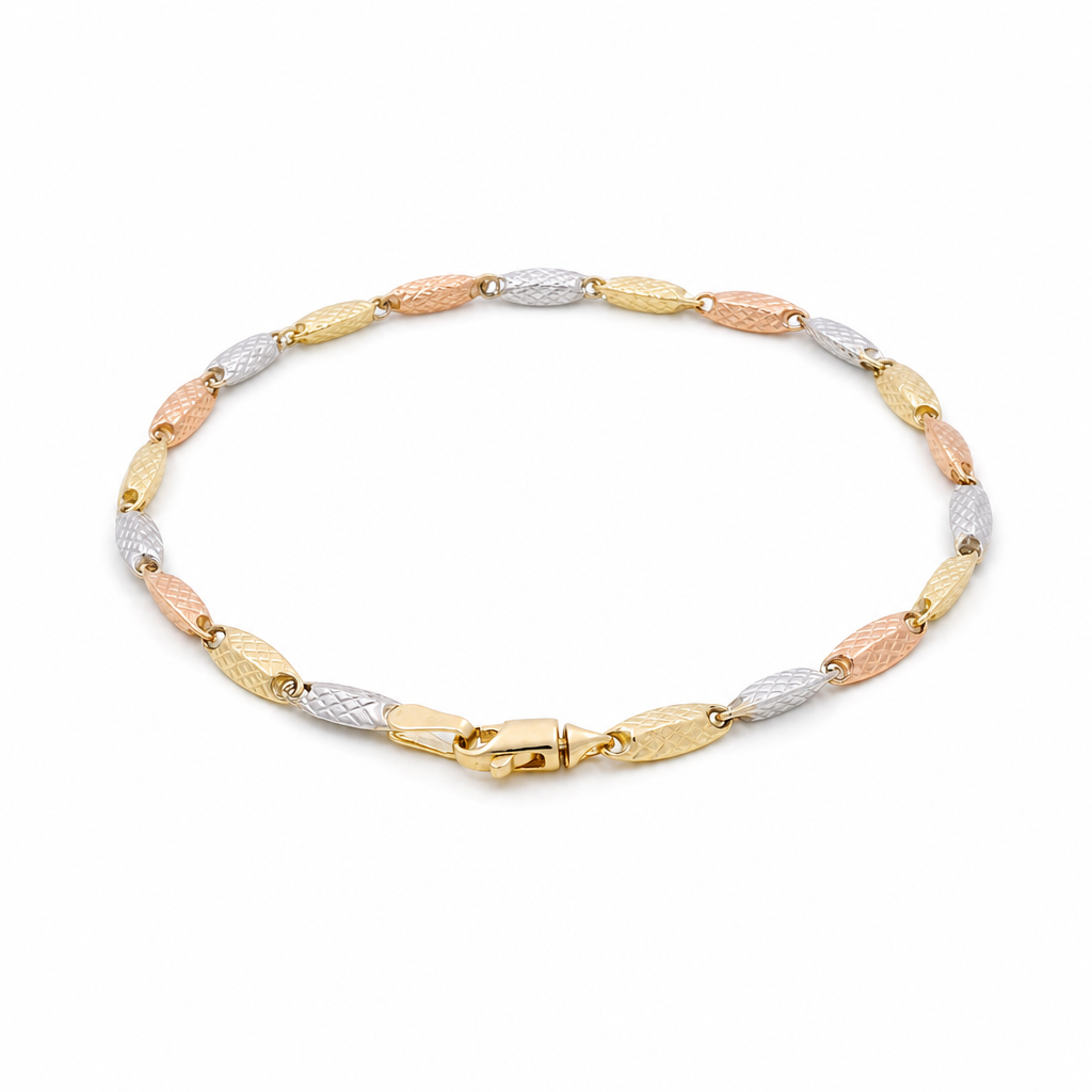 14K Yellow Gold White and Rose Women's Bracelet -Three Tone / Size: 7.5" / Weight: 2.6 GR / 401-01768