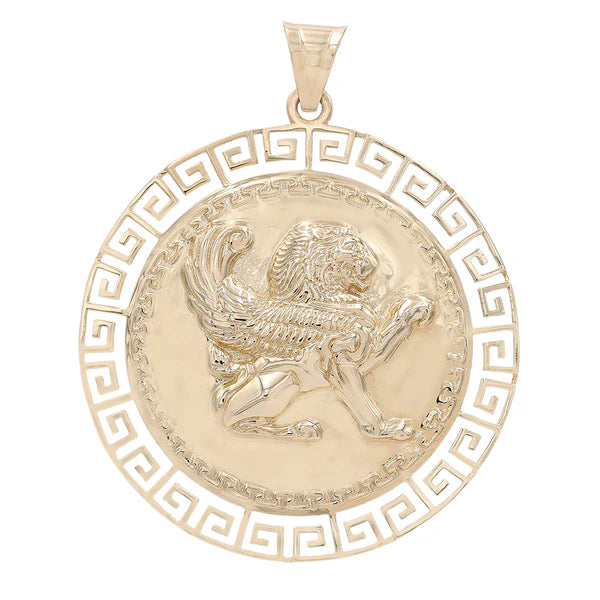 14K Yellow Gold Medal Pendant with Lion and Greek / Weight: 16.9 GR / Size Medium / COPD4MDLNGR-1