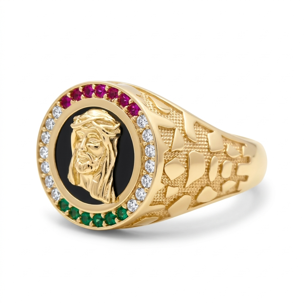 10K Yellow Gold Christ Men's Ring with Onyx and Multicolor Cz / Size:12 / Weight: 7.6 GR / CQMR0CRS