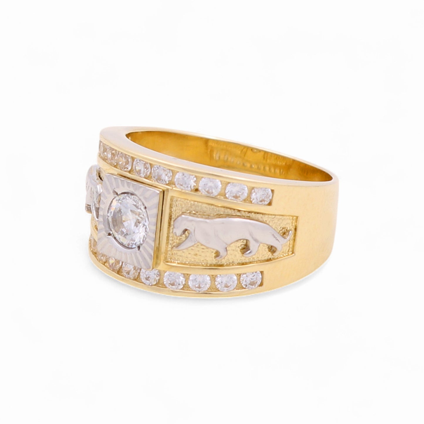 14k Two Tone Men's Ring with Panther and Cz / Size: 10 / Weight: 10.9 GR / COMR4SQTTPTCZ