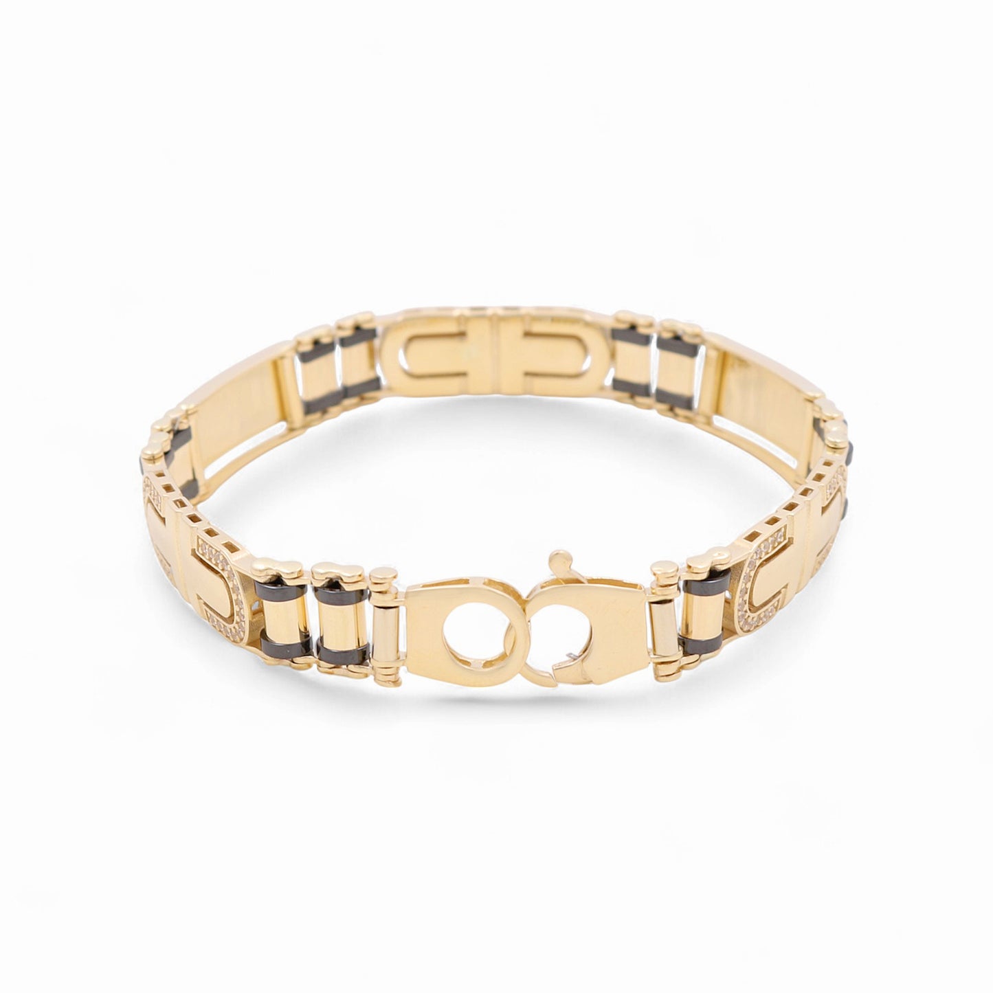 14K Yellow Gold Semisolid Italian Men's Bracelet with Onyx and Cz / Size: 8" / Weight: 20.4 GR / 120-03098