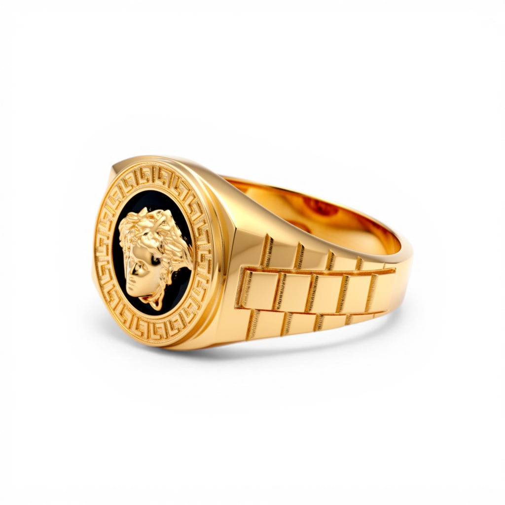 10K Yellow Gold RD Medusa Men's Ring with Onyx and Greek / Size: 11 / Weight: 6.3 GR / CQMR0VSGR