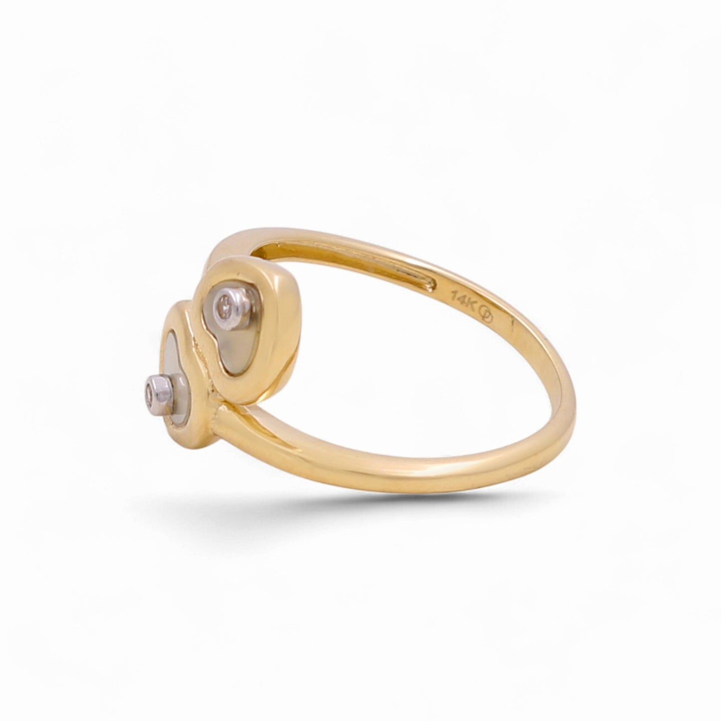 14K Yellow Gold Two Hearts Women's Ring with Mother of Pearl and Cz / Size: 7 / Weight: 2.3 GR / KEEWR4HR-1