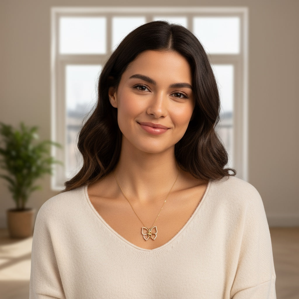 14K Yellow Gold Fashion Butterfly Necklace with Cz / Size: 18” / Weight: 4 GR / CONK4BF