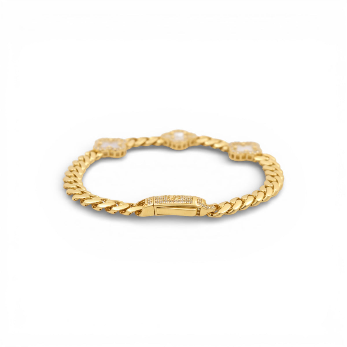10K Yellow Gold Monaco Women's Bracelet with Three Mother of Pearl Clovers / Cz / Size: 7.25" / Weight: 11.4 GR / DOWB0MONCLV-1