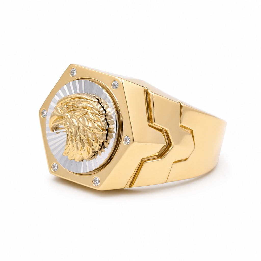 14K Yellow and White Gold Eagle Men's Ring / Stone: CZ / Size:10 / Weight: 11 GR