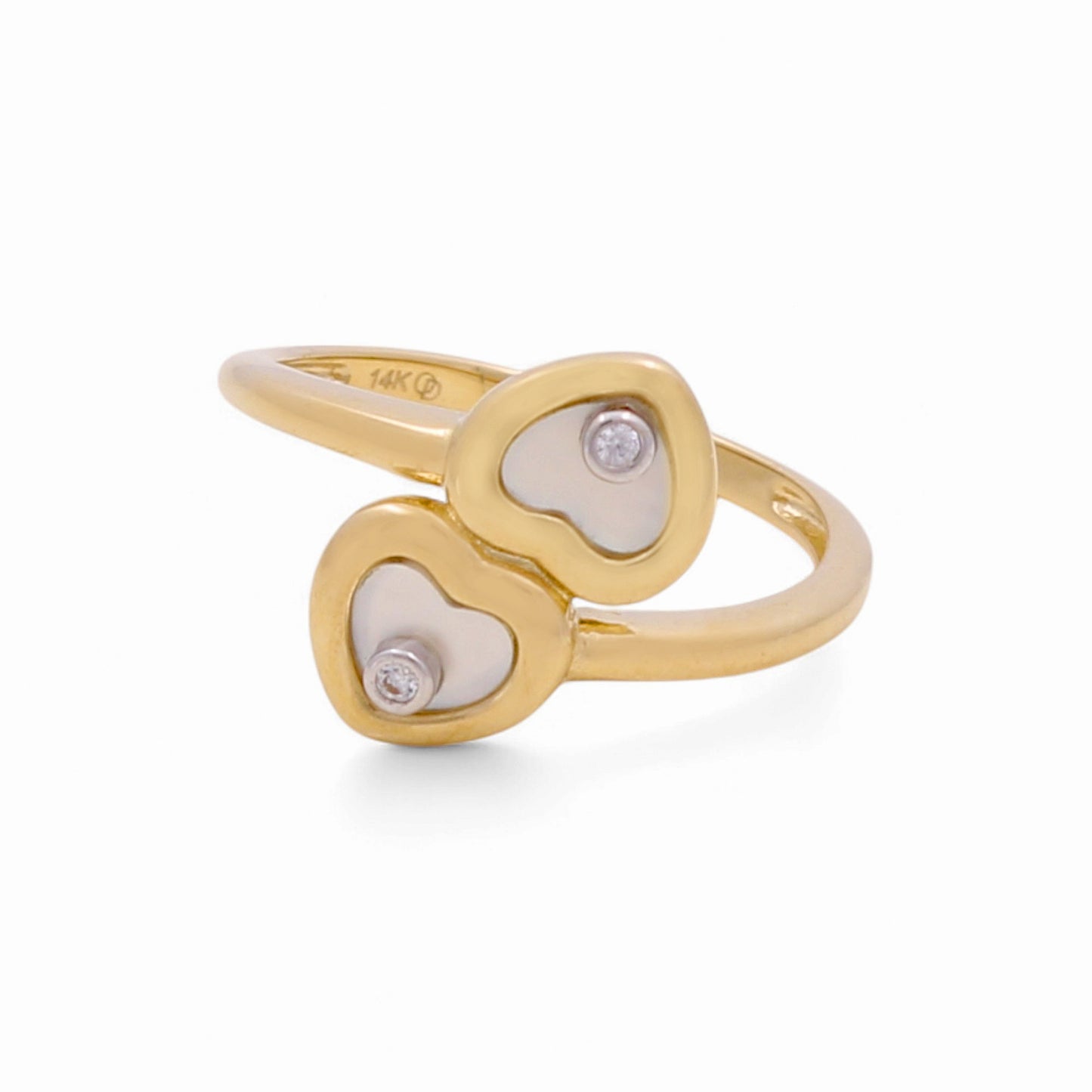 14K Yellow Gold Two Hearts Women's Ring with Mother of Pearl and Cz / Size: 7 / Weight: 2.3 GR / KEEWR4HR-1