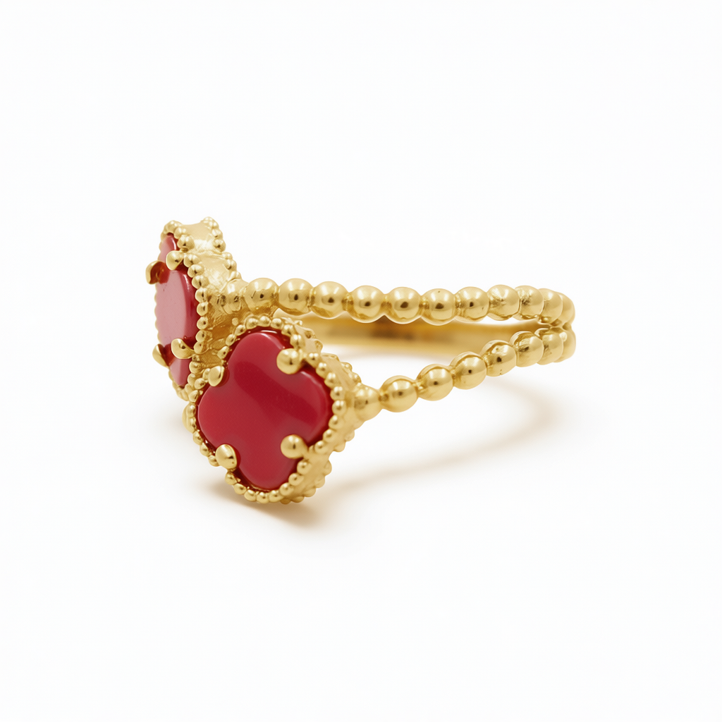 14K Yellow Gold Women’s Fashion Ring / Red Clover/ Size 7.5 / Weight: 3.5 GR / COWR4FL-11