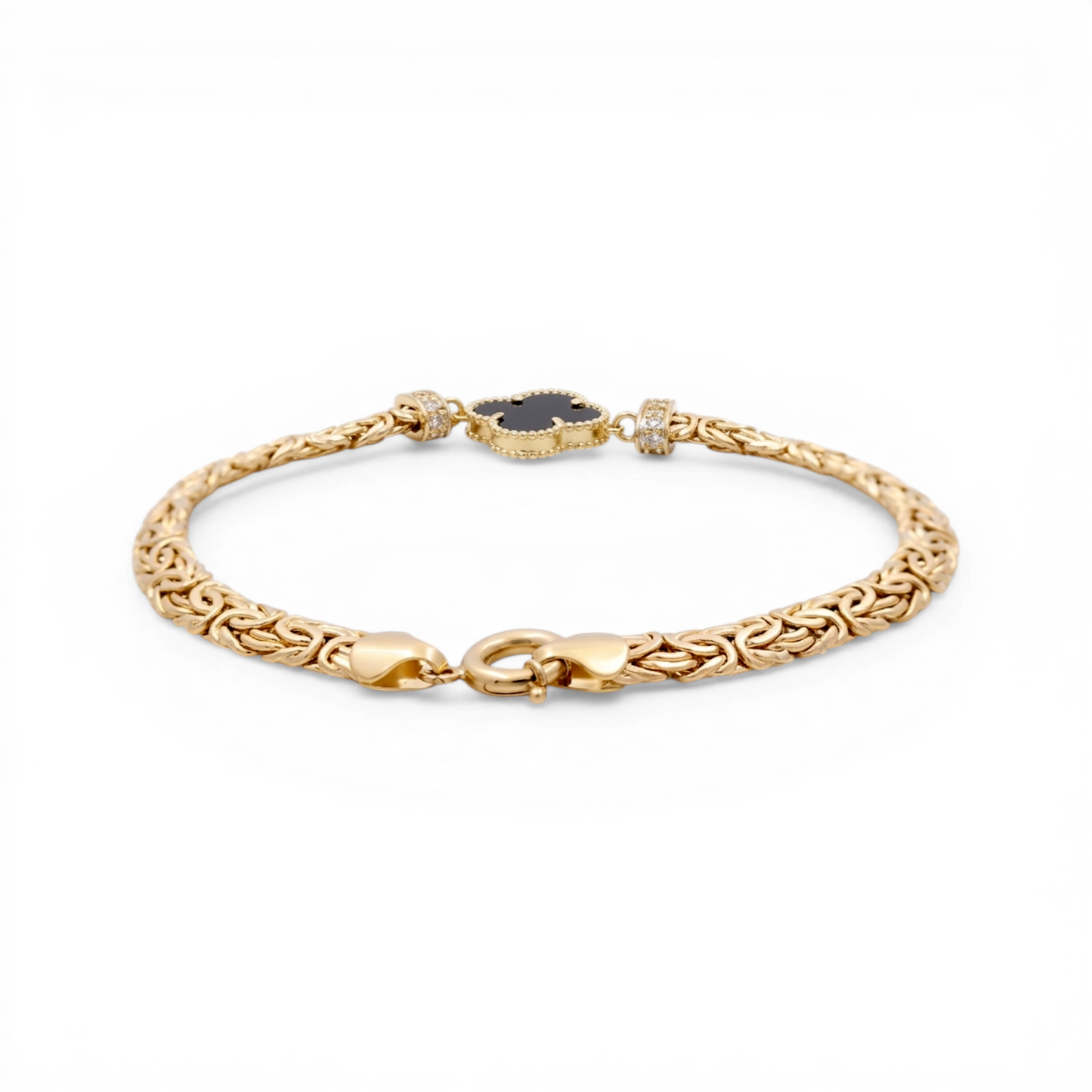 10K Yellow Gold Byzantine Women's Bracelet with Black Clover and Cz / Size: 7.5" / Weight: 5.9 GR / CQWB0BZCLV