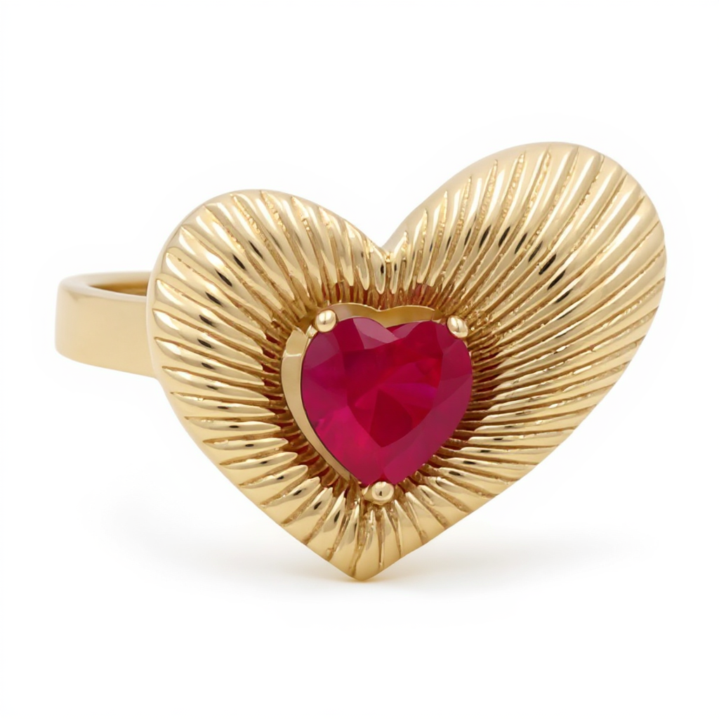 10K Yellow Gold Heart Women's Ring with Red Cz / Size: 7.5 / Weight: 2.6 GR / CQWR0HR