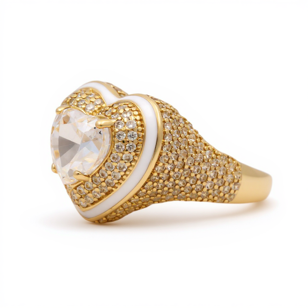 14K Yellow Gold Fashion Heart Women's Ring with White Cz / Size: 8 / Weight: 5.6 GR / BOWR4HR-17