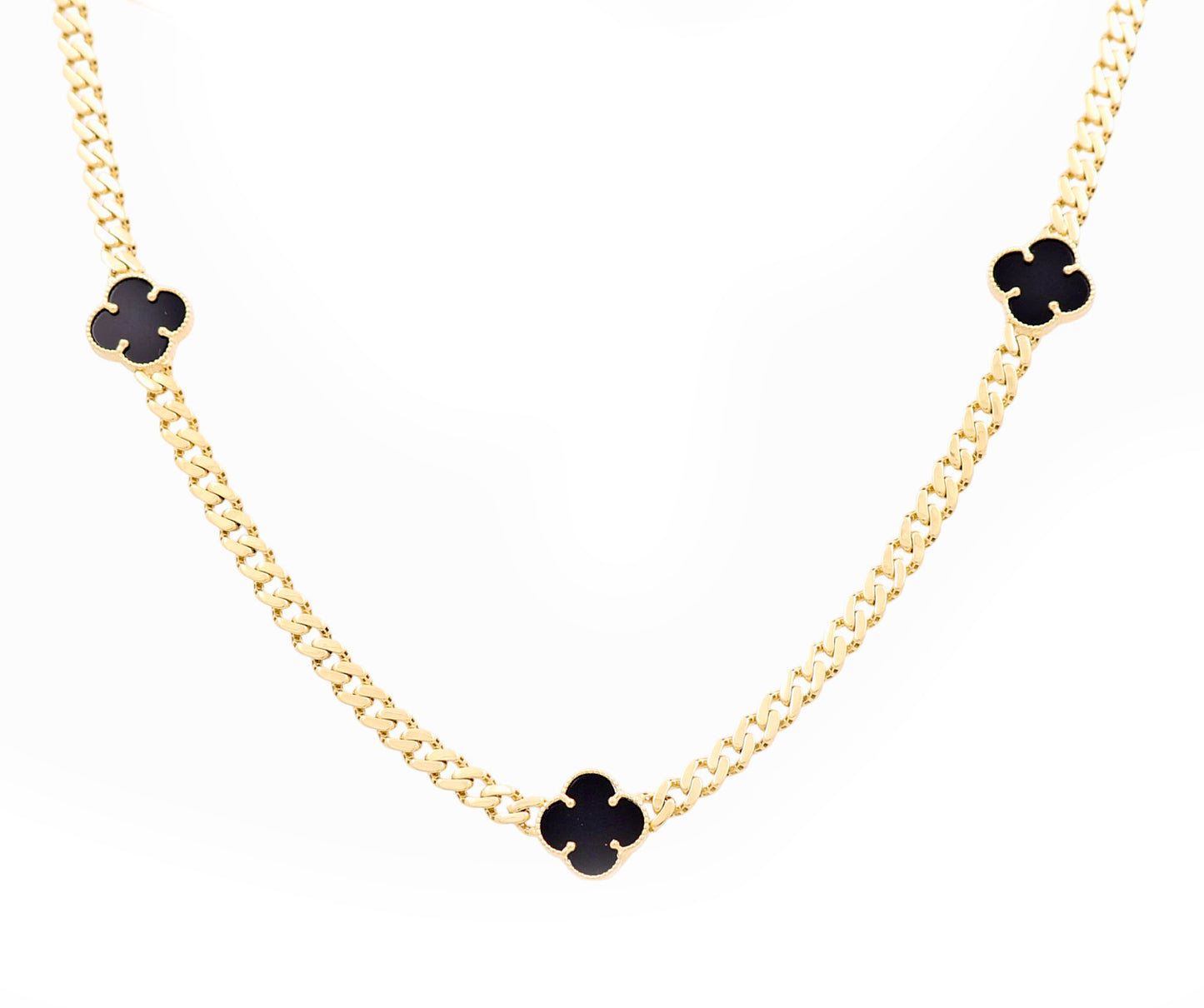 10K Yellow Gold Monaco Women's Necklace With Three Black Clover and Cz / Size: 17.5" / Weight: 13.3 GR / CQNK0MONCLV