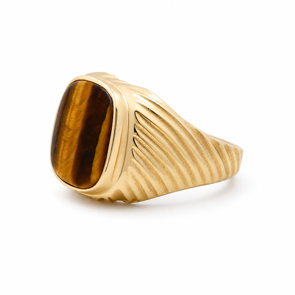 14k Yellow Gold SQ Fashion Men's Ring with Brown Stone / Size: 10 / Weight: 8.3 GR