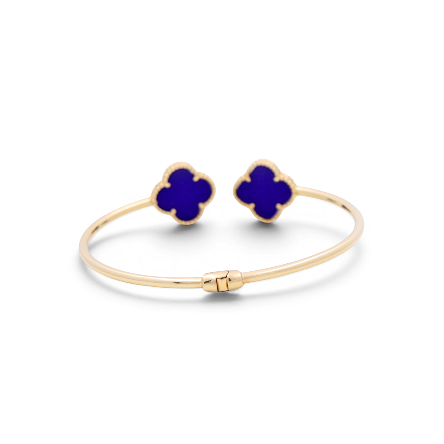 14K Yellow Gold Semisolid Royal Blue Two Clover Bangle / Weight: 7.1 GR