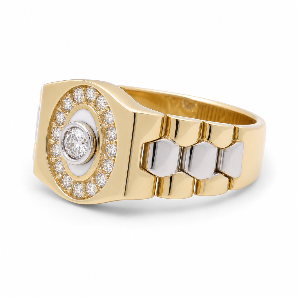 14K Yellow and White Gold Flexible Men's Ring with Cz / Size: 10 / Weight: 6.3 GR
