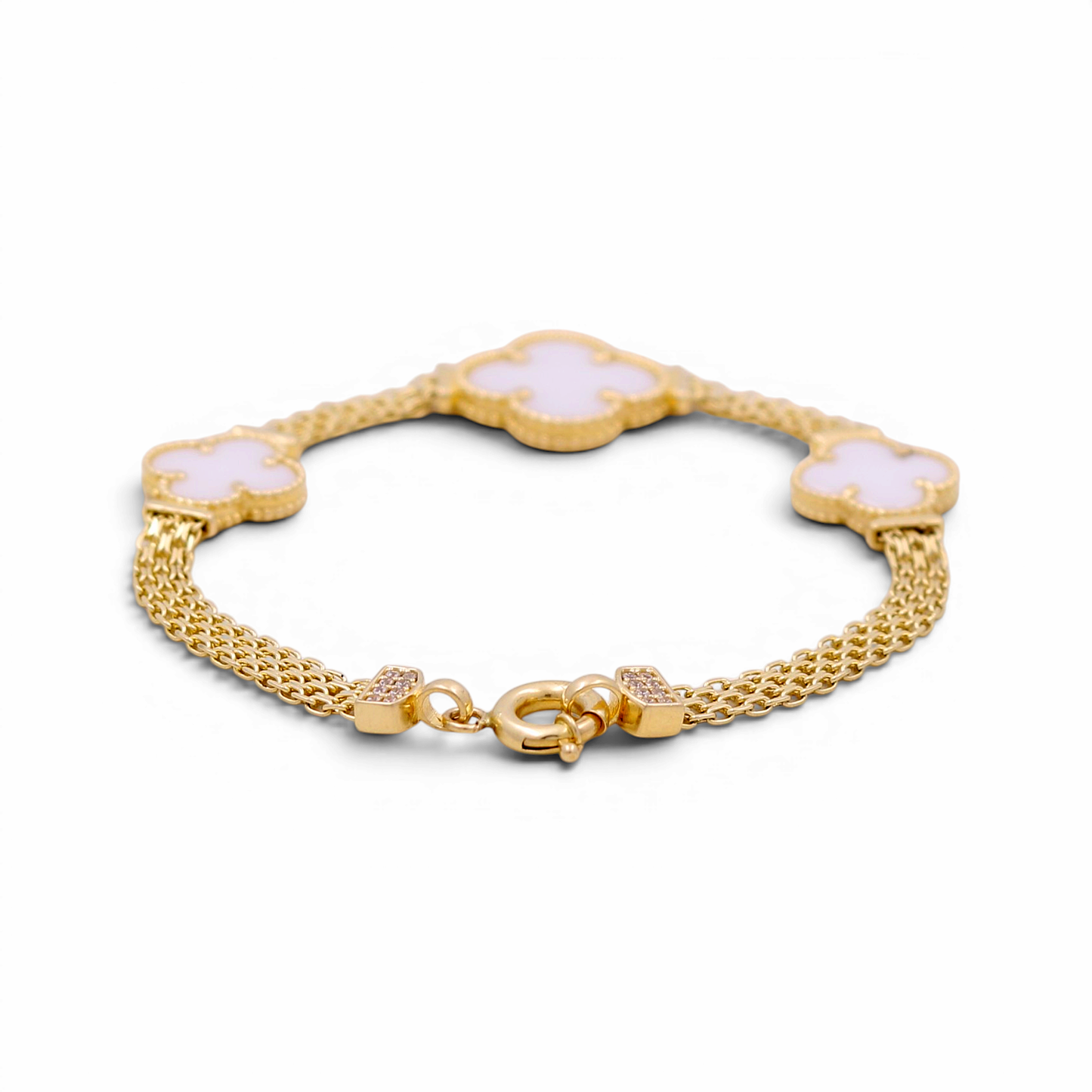 14K Yellow Gold Women's Bracelet with Three Mother of Pearl Clover / Size 7.5" / Weight 11.8