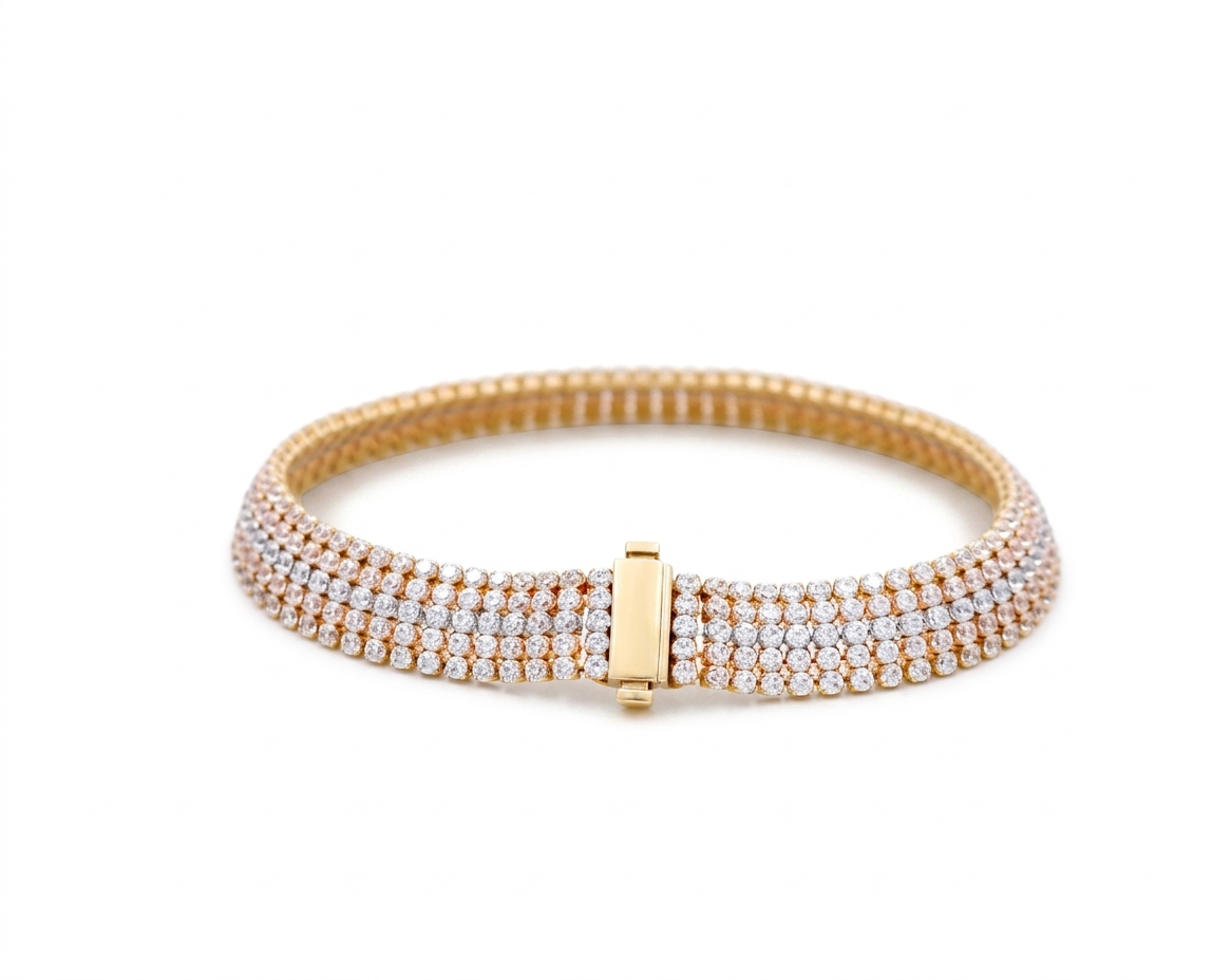 14K Yellow, White and Rose Women’s Tennis Bracelet with Cz/ Weight: 14.2 GR / Size: 7.5”
