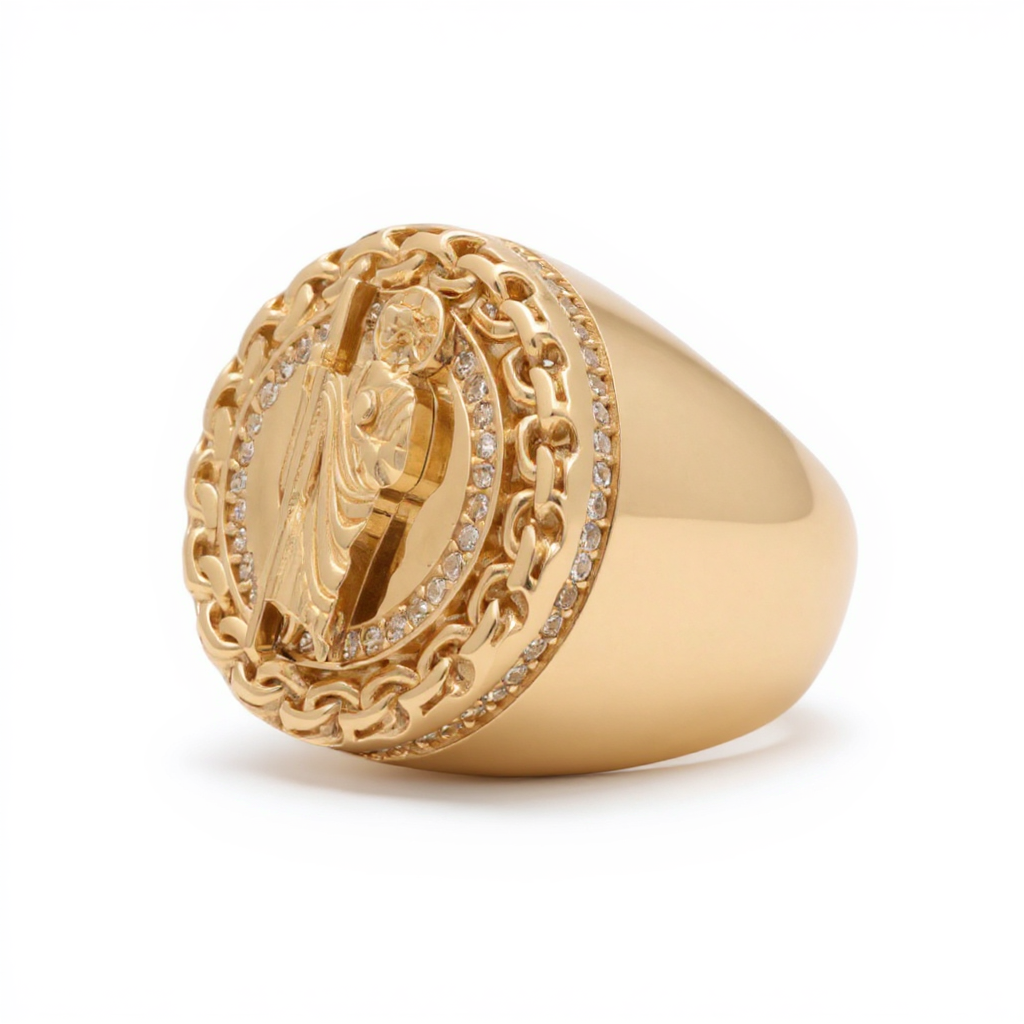 14K Yellow Gold San Judas Men's Ring with Greek and Cz / Size: 11 / Weight: 12.9 GR / DOMR4SJ