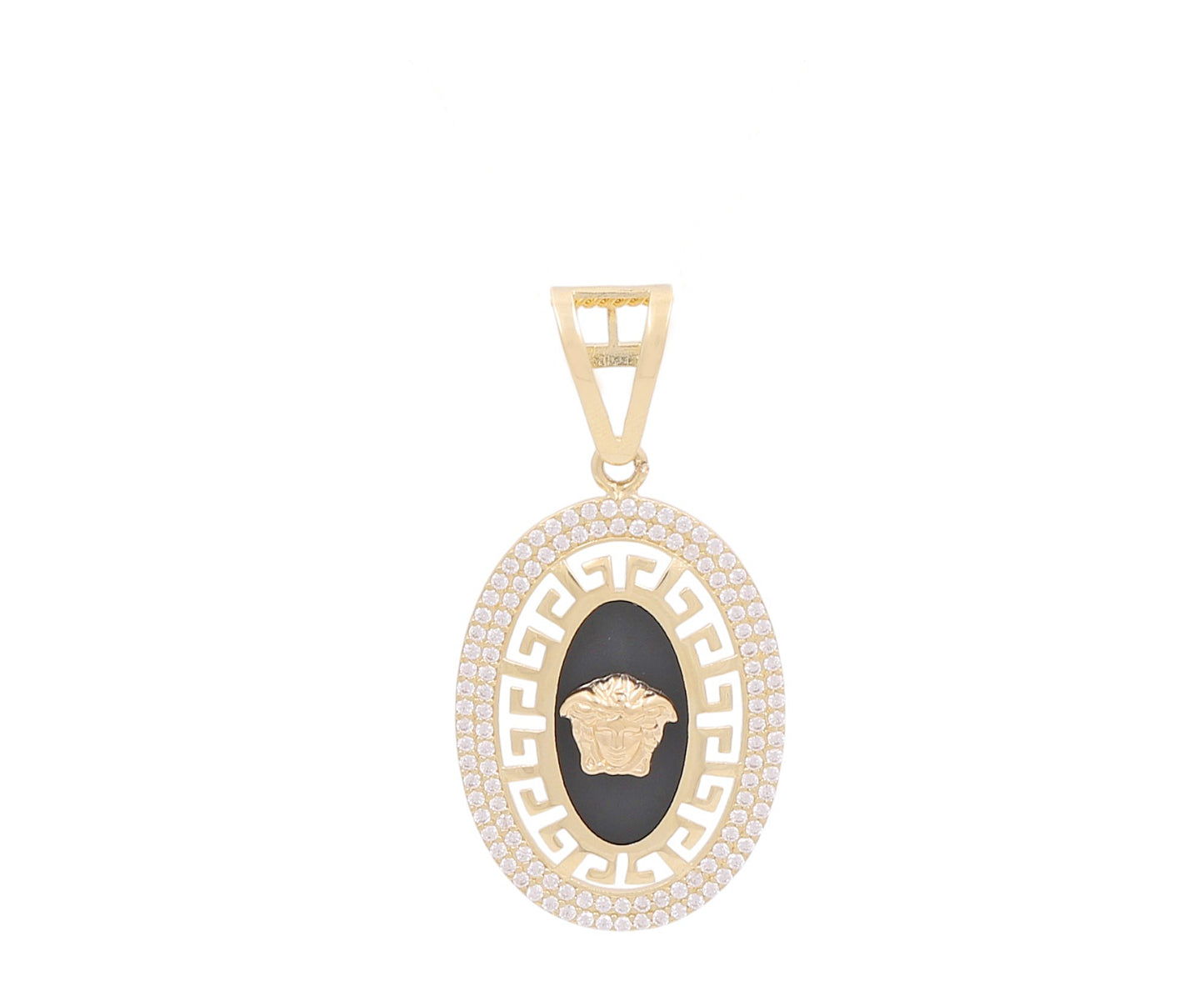 14K Yellow Gold Oblong Medusa's Pendant with Greek, Black Enamel and Cz / Weight: 5.8 GR / DOPD4VS-3